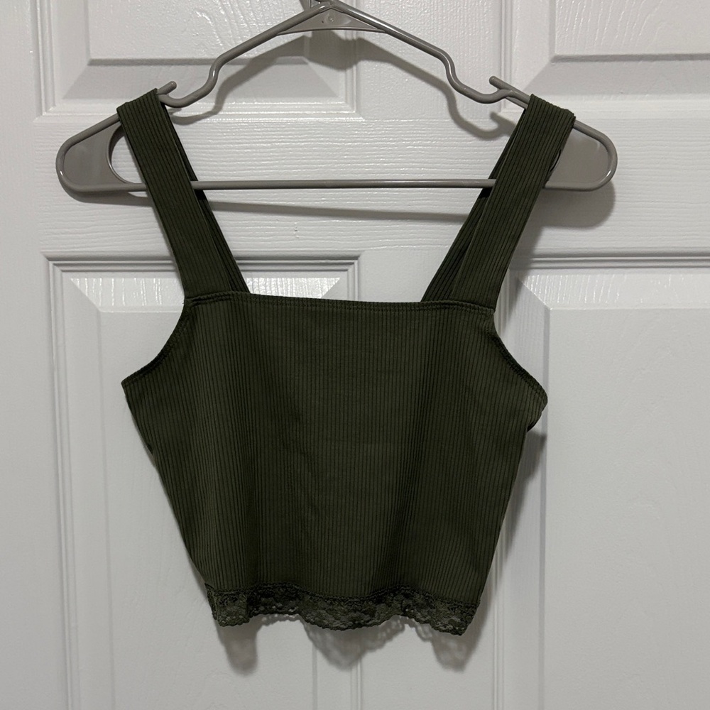 American Eagle Outfitters Olive Ribbed Lace-Hem Crop Cami